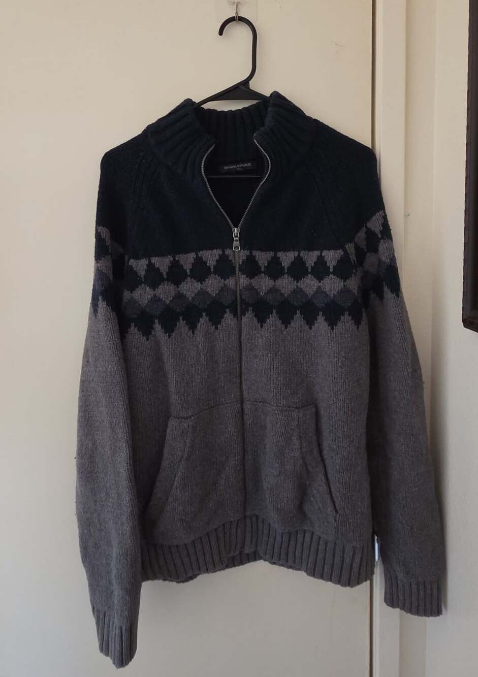 Banana Republic Full Zip Sweater Size L Gray Blue Fair Isle Knit